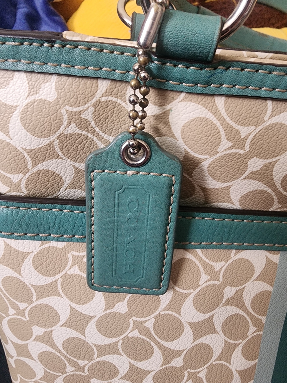 Coach Chelsea Heritage Stripe Signature Tote Bag Khaki Teal F15137 - Picture 4 of 8